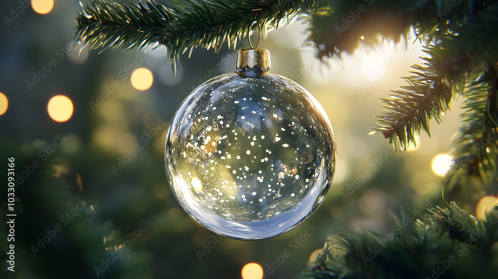 A beautiful clear glass ball that hangs on a Christmas tree. A beautiful clear glass ball that hangs on a Christmas tree.