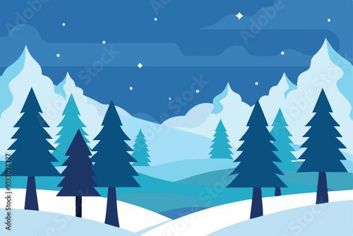 Winter forest with trees blanketed in snow, capturing the essence of a peaceful, wintry scene flat vector illustration