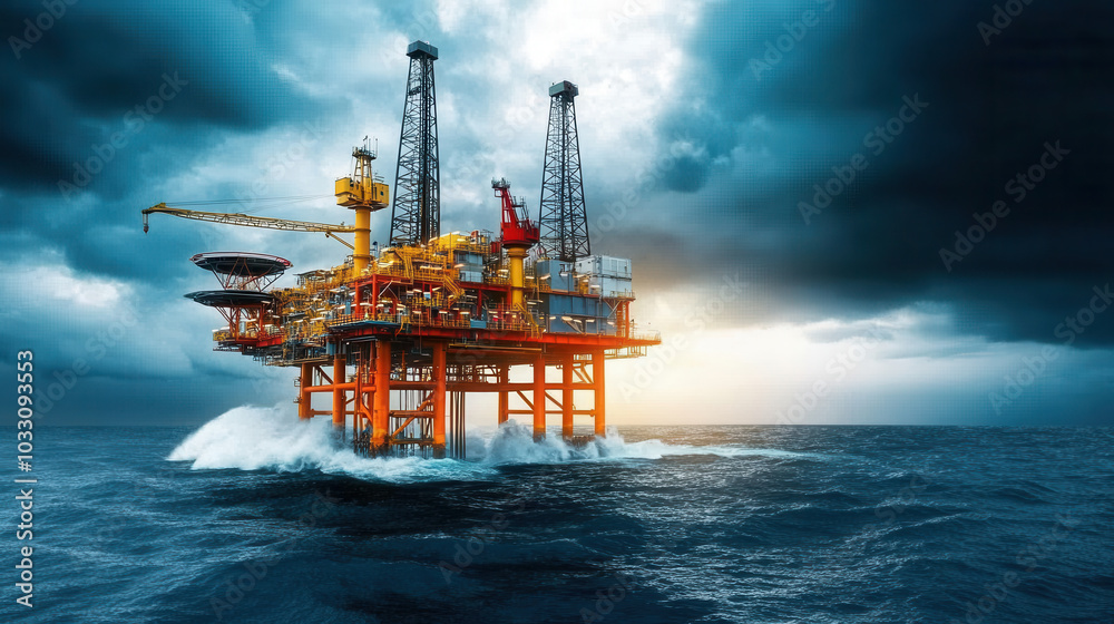 Oil rig towering over ocean waves, with dramatic clouds and sunlight breaking through, creating powerful and intense atmosphere Oil rig towering over ocean waves, with dramatic clouds and sunlight breaking through, creating powerful and intense atmosphere