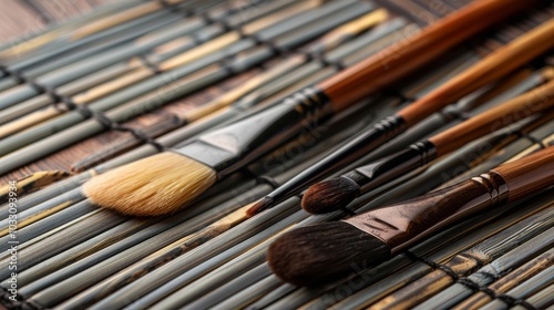 Set of art brushes and traditional chopsticks on minimalist white background, creative school supplies and cultural tools for art and craft projects, educational design concept.


 photo