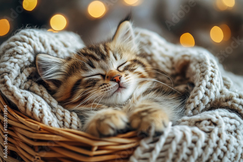 Adorable kitten sleeping cozy in wicker basket with warm lights for winter comfort photo