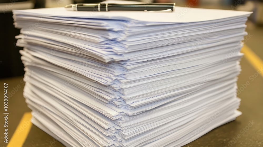 A Large Stack of Papers with a Pen on Top