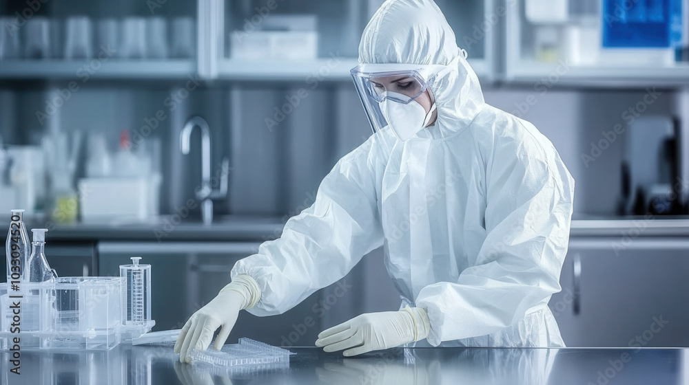 Fototapeta premium technician in full body protective gear is carefully working in laboratory environment, demonstrating precision and safety while handling equipment
