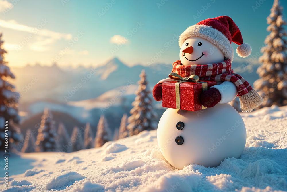 Obraz premium Snowman with a red hat and scarf, standing on a snowy surface with mountains in the background.