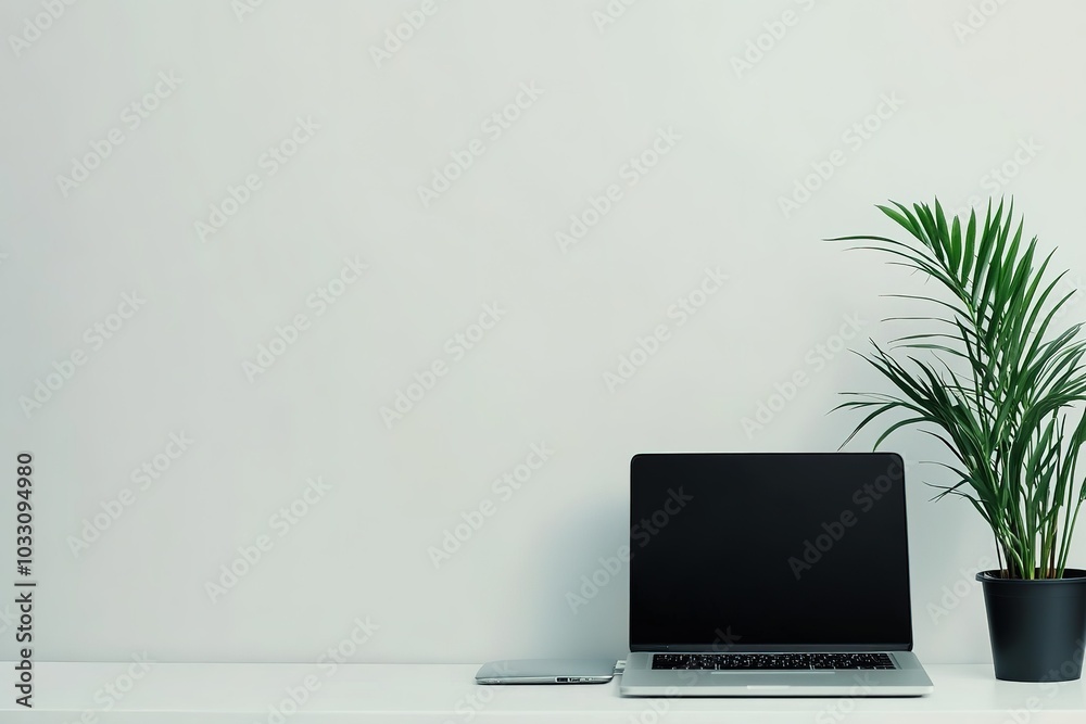Fototapeta premium A clean workspace with a single plant and a laptop on a simple desk.