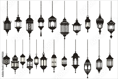 Ramadan Kareem Islamic hanging lanterns silhouettes. Arabic hanging lantern silhouettes vector art. Decorative Arabic hanging lantern silhouettes. Vector silhouettes of Arabic hanging lanterns