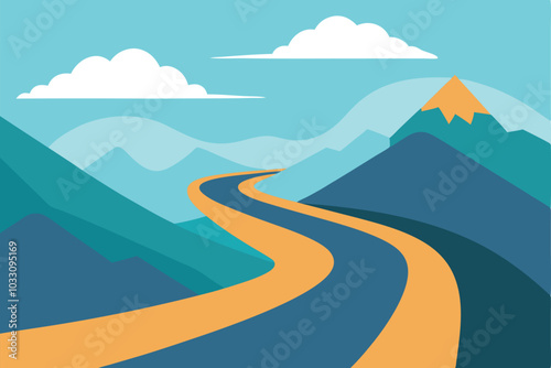 Winding road traverses through majestic mountains, with fluffy clouds drifting in the background, creating a serene landscape flat vector illustration