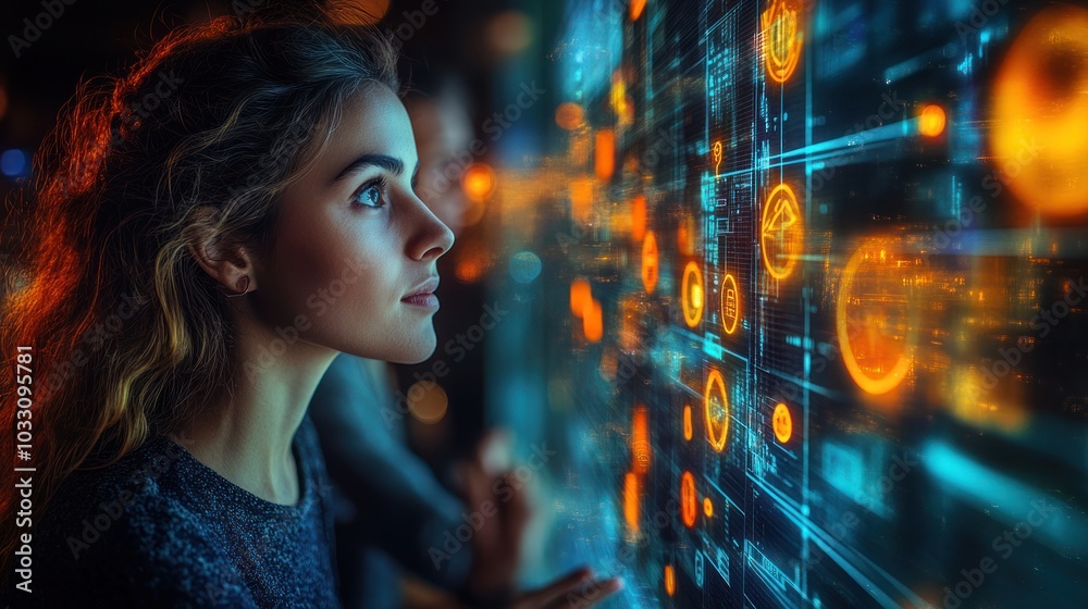 A woman interacts with a futuristic digital interface displaying data and graphics. A woman interacts with a futuristic digital interface displaying data and graphics.