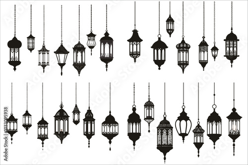 Ramadan Kareem Islamic hanging lanterns silhouettes. Arabic hanging lantern silhouettes vector art. Decorative Arabic hanging lantern silhouettes. Vector silhouettes of Arabic hanging lanterns