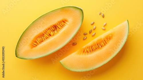 A halved cantaloupe melon with seeds on a yellow background.