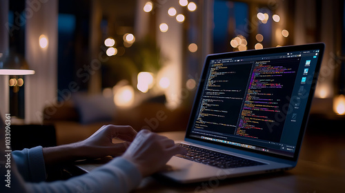 Person coding on laptop at night photo