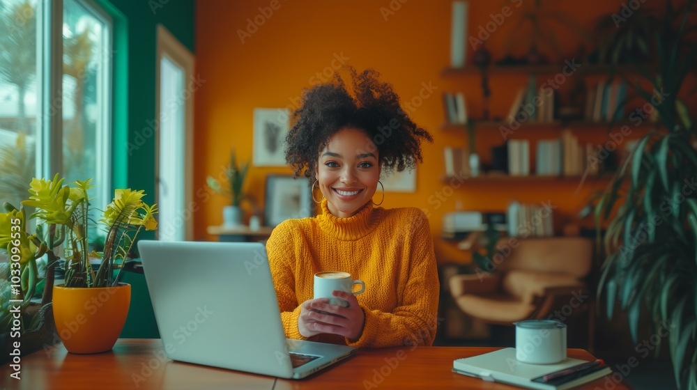 A freelancer woman smiling broadly while holding a coffee cup, with a laptop and a notebook on her desk in a modern office setup A freelancer woman smiling broadly while holding a coffee cup, with a laptop and a notebook on her desk in a modern office setup