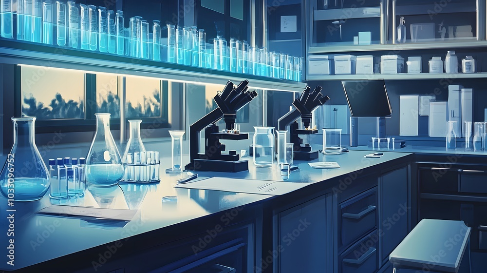A Science Laboratory with Microscopes, Glassware, and Storage Cabinets A Science Laboratory with Microscopes, Glassware, and Storage Cabinets