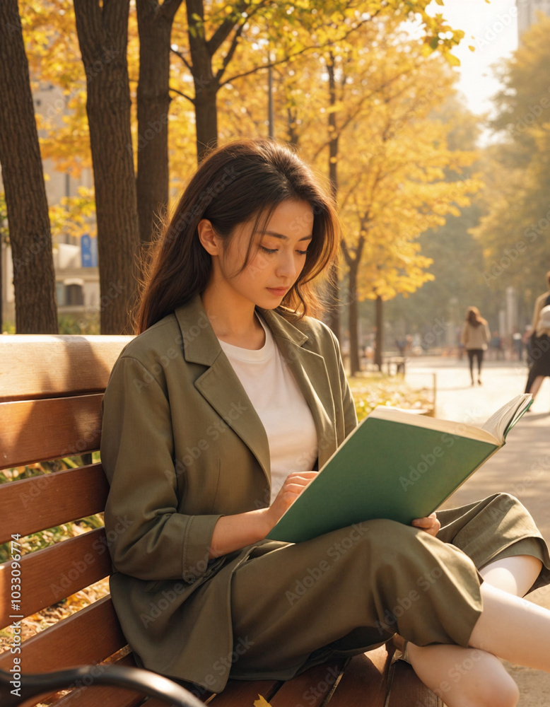 Obraz premium A woman is sitting on a park bench reading a book. The bench is wooden and has a backrest. The woman has long dark hair and is wearing a long coat, a white shirt, and white tights.