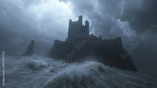 Epic 3D Render of Stormy Sea Crashing Against Gothic Castle Cliffs with Dramatic Clouds - Cinematic Light and Power