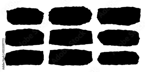 Set of rough torn paper piece different forms isolated on white background. Black silhouette pieces of paper with ragged edges