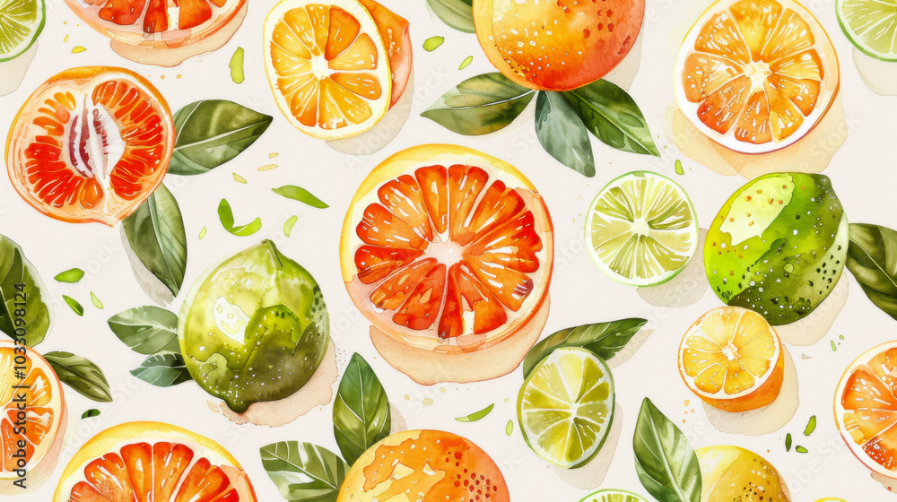 Watercolor pattern of citrus fruits, mango, and lemon and lime leaves for vibrant and summery design Watercolor pattern of citrus fruits, mango, and lemon and lime leaves for vibrant and summery design