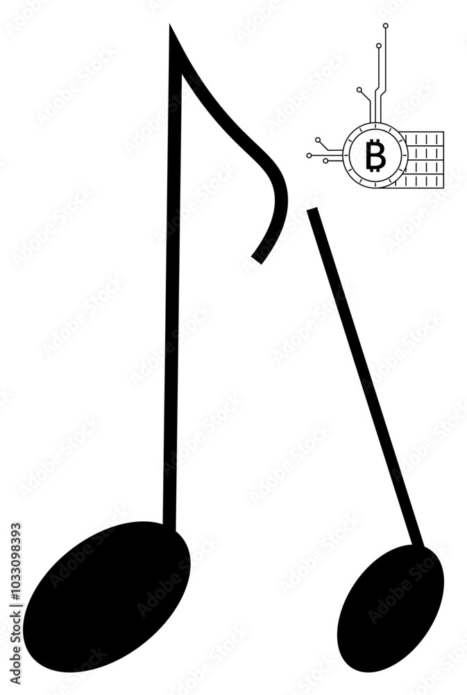 Black musical note with a Bitcoin symbol integrated with circuits. Ideal for music technology innovation, digital currency, tech art, financial tech, and modern design concepts. Simple minimalist Black musical note with a Bitcoin symbol integrated with circuits. Ideal for music technology innovation, digital currency, tech art, financial tech, and modern design concepts. Simple minimalist