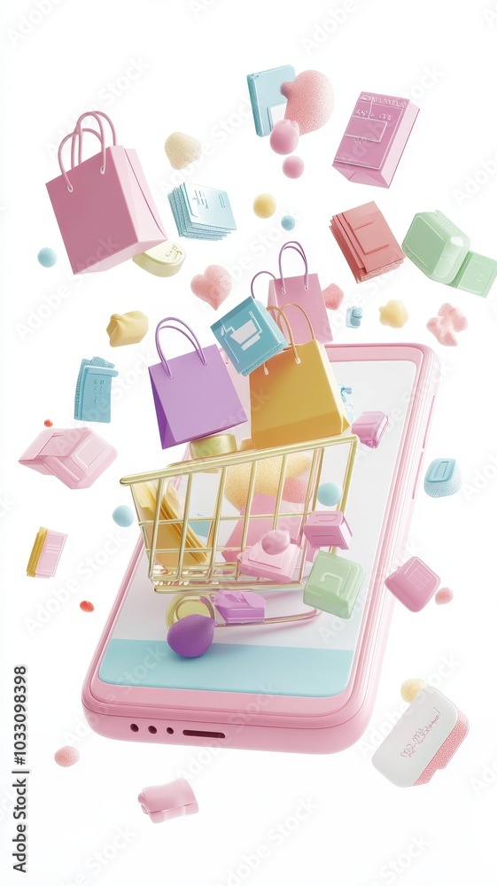 Abstract 3D model of a smartphone with exploding icons of shopping, discounts and digital payment solutions, pastel theme Abstract 3D model of a smartphone with exploding icons of shopping, discounts and digital payment solutions, pastel theme