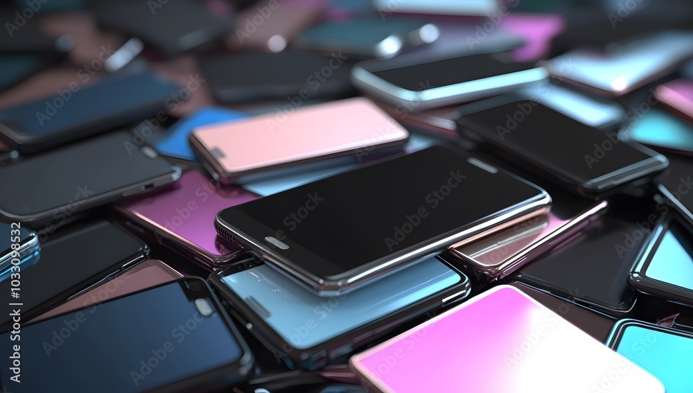 3D rendering of many different mobile phones lying 3D rendering of many different mobile phones lying