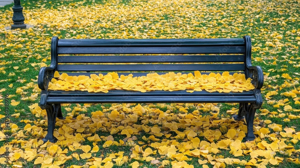 Lonely Bench in park with Yellow beautiful leaves of the Ginkgo tree in autumn season,Detail of the yellow leaves,Late autumn of Japan,space for text. Lonely Bench in park with Yellow beautiful leaves of the Ginkgo tree in autumn season,Detail of the yellow leaves,Late autumn of Japan,space for text.