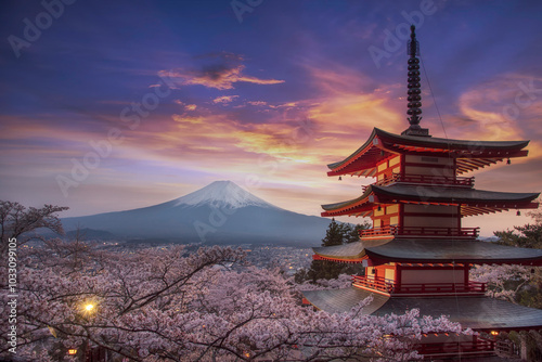 Chureito Pagoda with the background of Mount Fuji during winter.This is one of the famous spot to take pictures of Mount Fuji.