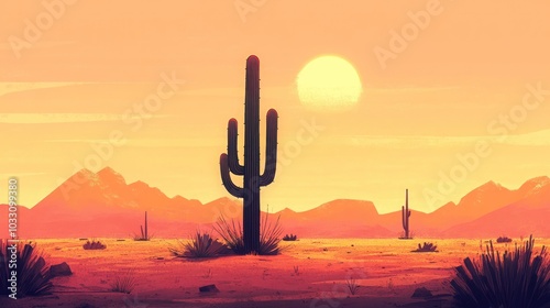 A single saguaro cactus stands tall against a backdrop of mountains and a setting sun in the desert.