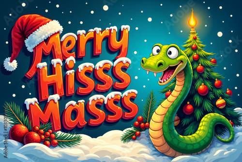Festive holiday greeting with the text Merry Hisss Masss and a cartoon snake character, set against a snowy background with Christmas decorations.