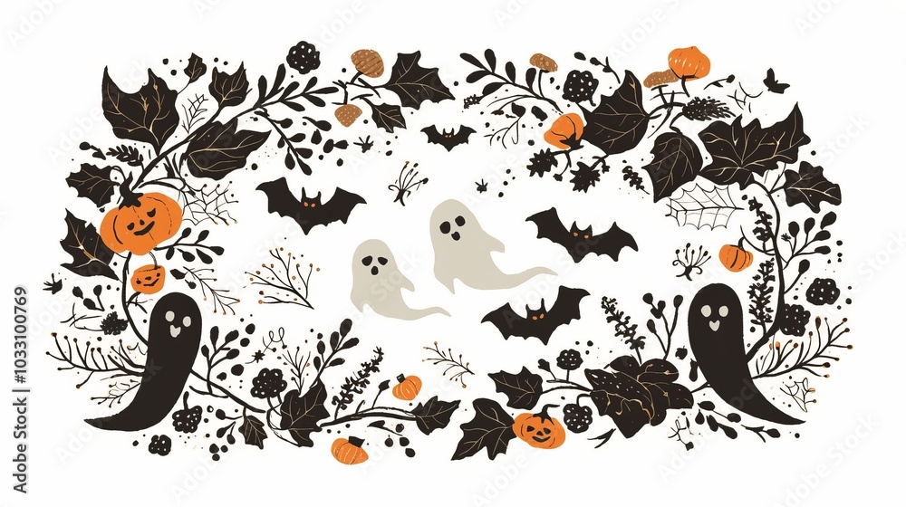 Fototapeta premium A decorative Halloween-themed illustration featuring ghosts, bats, pumpkins, and foliage.