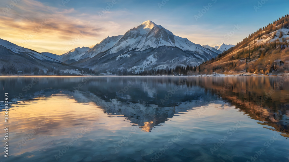 Snowy mountains, cold weather, lakeside Snowy mountains, cold weather, lakeside