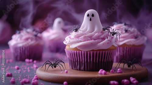 Cakes with webs and spiders for Halloween, Halloween-themed cupcake adorned with a ghost-shaped frosting topper and small, intricately designed black spiders made from fondant