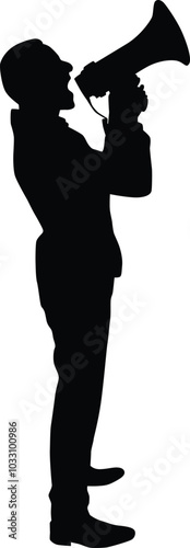 People shout on megaphone silhouette illustration. Person make announcement while holding megaphone.