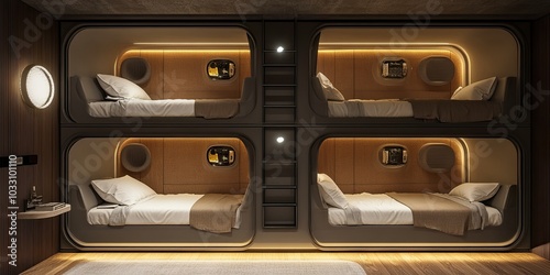 luxury deluxe brown and grey capsule hotel room with elegant wall and complete facilities  photo