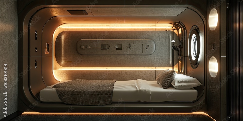 Fototapeta premium luxury deluxe brown and grey capsule hotel room with elegant wall and complete facilities 