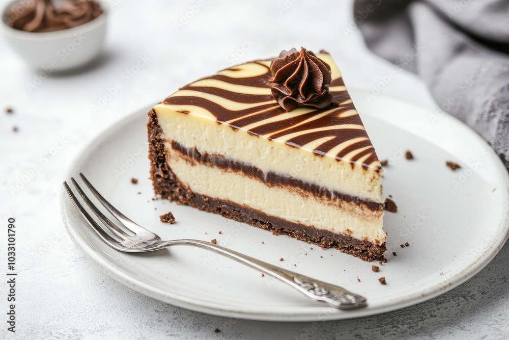 Chocolate Swirl Cheesecake Slice on a White Plate Chocolate Swirl Cheesecake Slice on a White Plate
