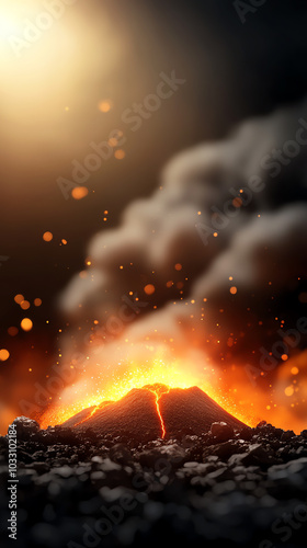 Volcanic eruption, fiery lava and smoke.