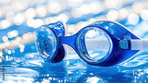 Blue Swimming Goggles Resting on Water with Glimmering Reflections