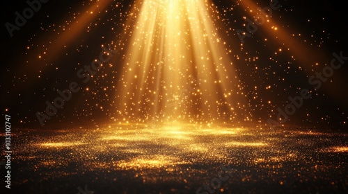 A radiant beam of golden light illuminates a sparkling surface, creating a magical atmosphere.