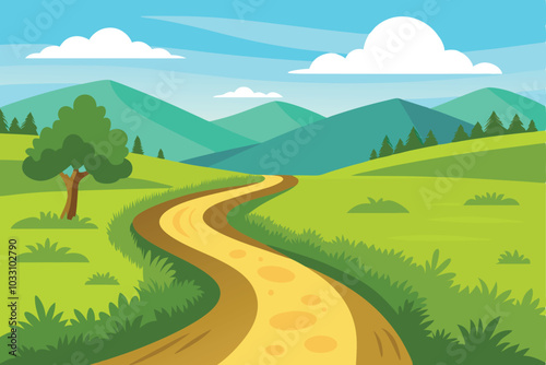 Winding dirt road traverses a vibrant grassy field, surrounded by the beauty of nature greenery flat vector illustration