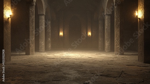 Eerie Gothic Crypt with Flickering Torches - 3D Render Illustration with Cinematic Light Effects and Ancient Stone Walls for a Chilling Atmosphere