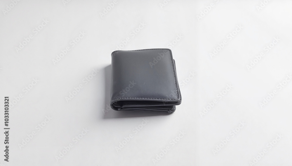 Simple black leather wallet folded on white background, shopping concept Simple black leather wallet folded on white background, shopping concept