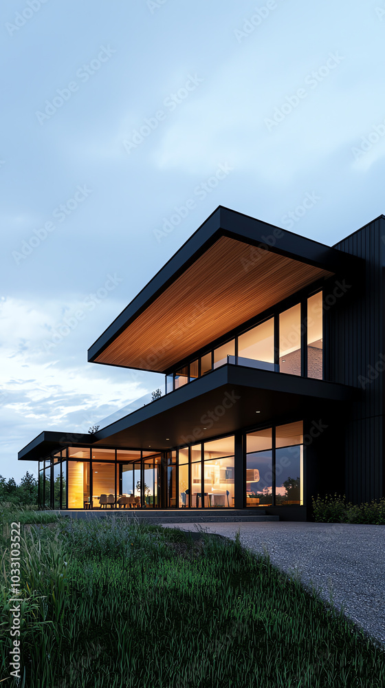 Modern architectural design of a sleek house with large windows, surrounded by lush greenery during twilight. Modern architectural design of a sleek house with large windows, surrounded by lush greenery during twilight.