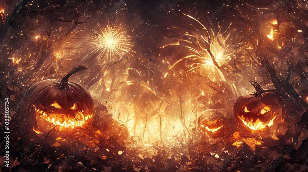 Fototapeta premium A spooky forest scene with glowing pumpkins and fireworks, capturing Halloween's eerie atmosphere.