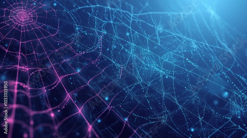 Abstract digital web design with glowing lines and nodes in blue and pink hues.