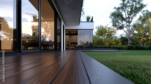 Modern exterior view of a stylish home with wooden deck  glass walls  and lush green garden under a clear blue sky.