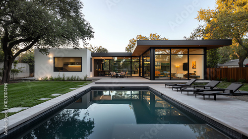 Modern home with sleek architecture, featuring a serene pool area and lush greenery, ideal for relaxation and outdoor living.