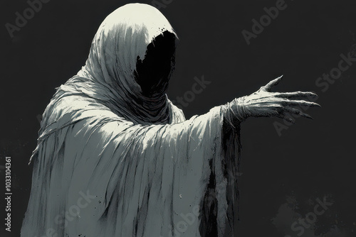 Grim reaper, reaching hand, dark background, death photo