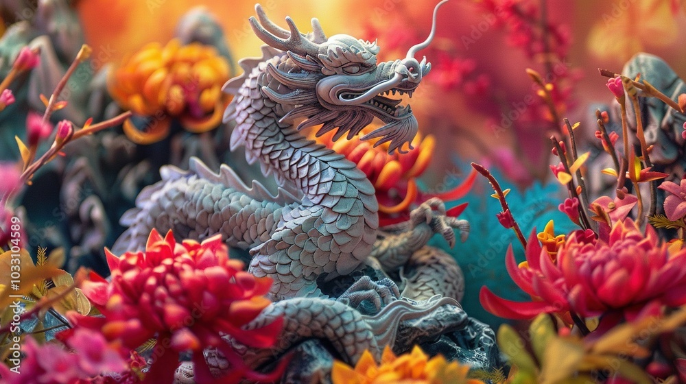 Fototapeta premium A Grey Dragon Statue Amidst Vibrant Red and Yellow Flowers