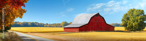 Red barn sits alongside country road, surrounded by golden fields, trees under bright blue sky, capturing a peaceful rural scene. Pop art comic book imitation