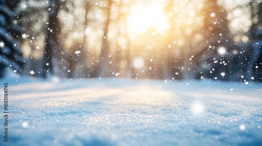Naklejka premium Snowy landscape with sunlight filtering through trees, winter serenity and nature concept